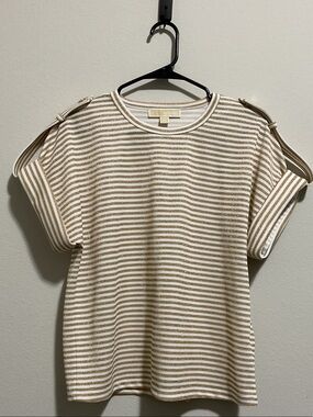 Michael Kors Metallic-Striped Short Sleeve Top- Color(Gold & White)NWOT
